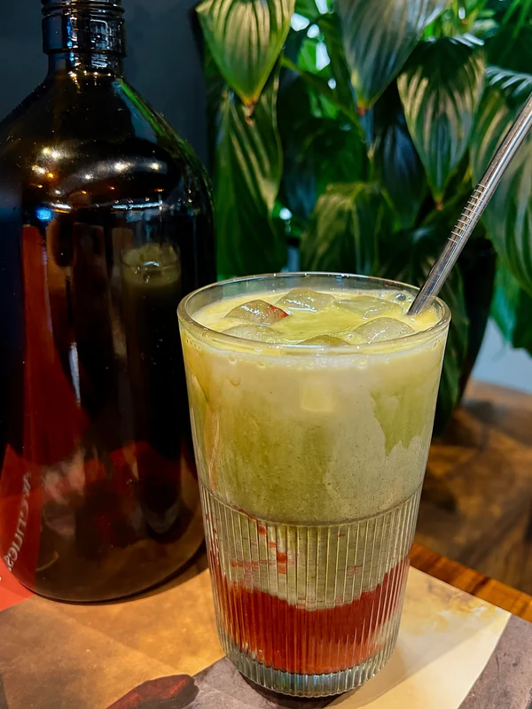 An iced drink beside a plant on the cafe table